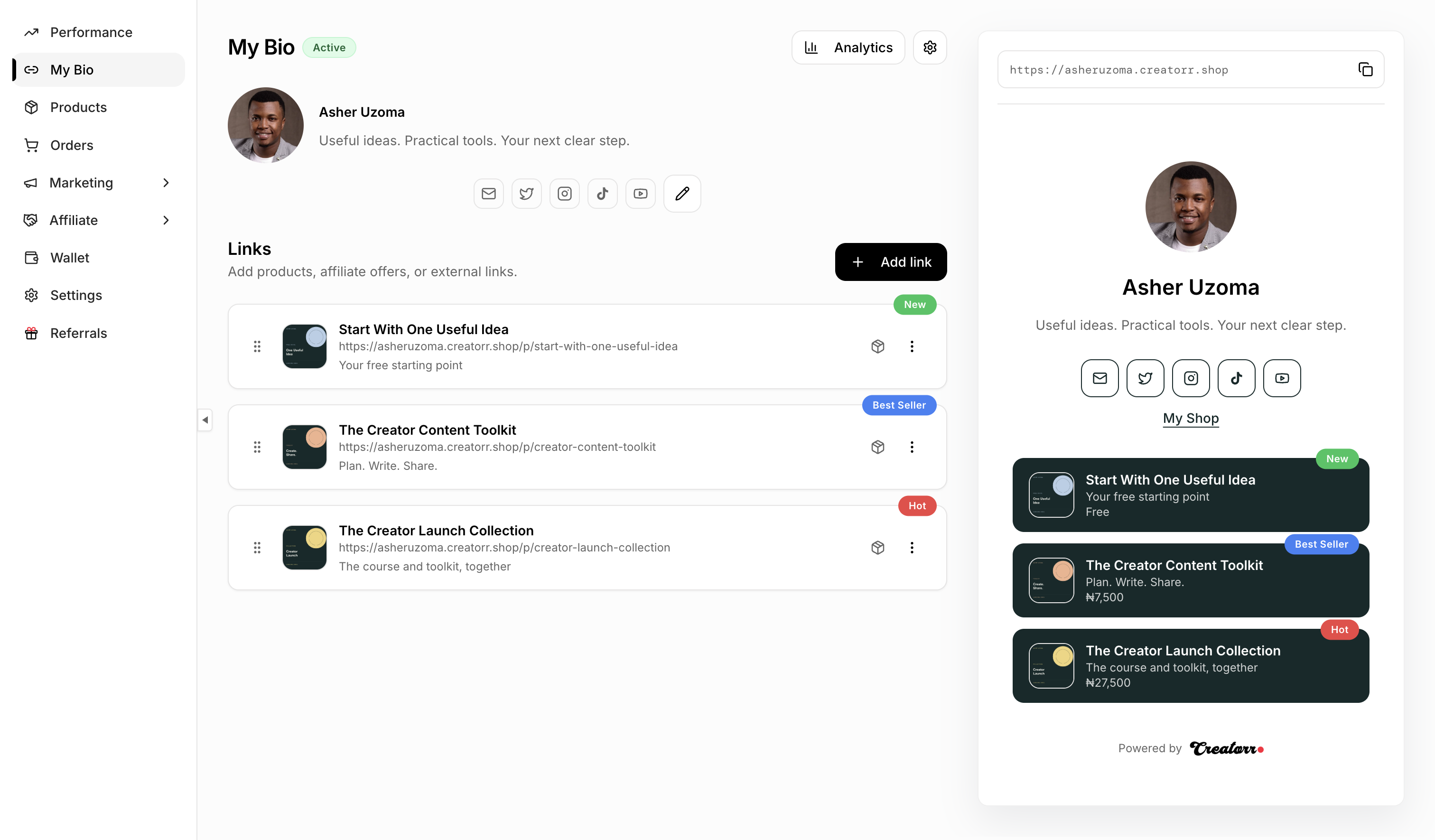 Creatorr Shop My Bio dashboard preview